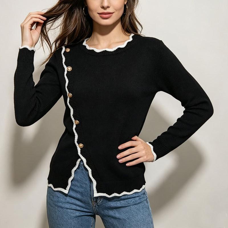 Womens Fall Sweater Color Block Crew Neck Long Sleeve Knit Cardigan Outerwear