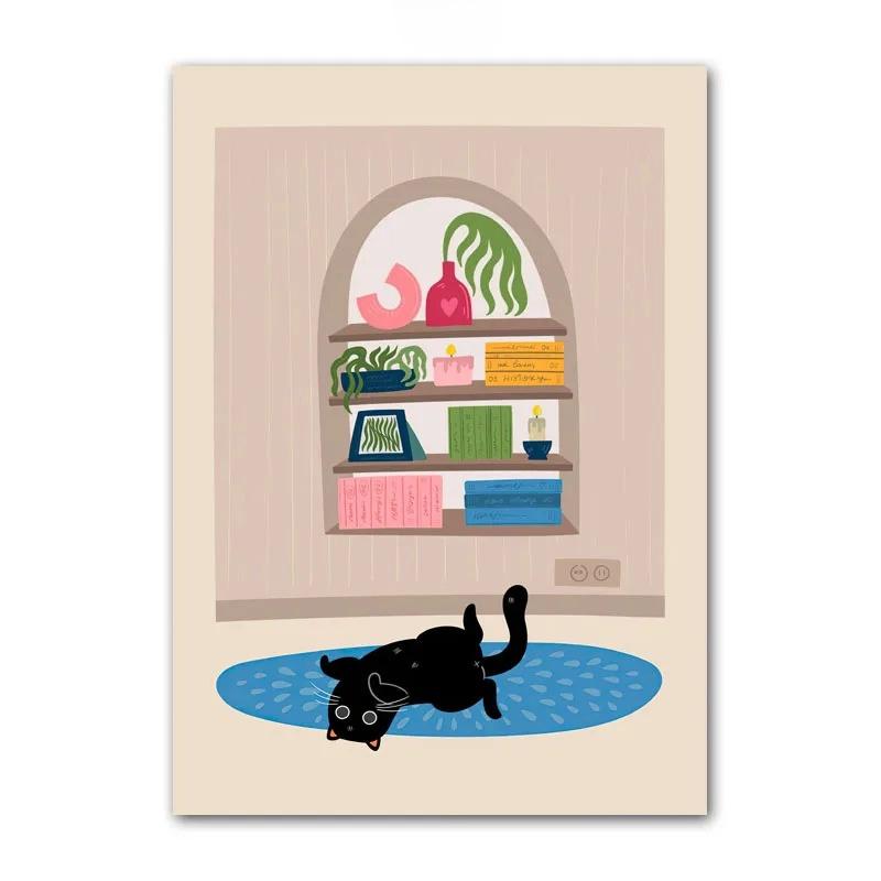 Black Cat Poster Canvas Painting Lovers Gift Wall Art Mural House Potted Plant Print Picture Living Room Home Decor Frameless
