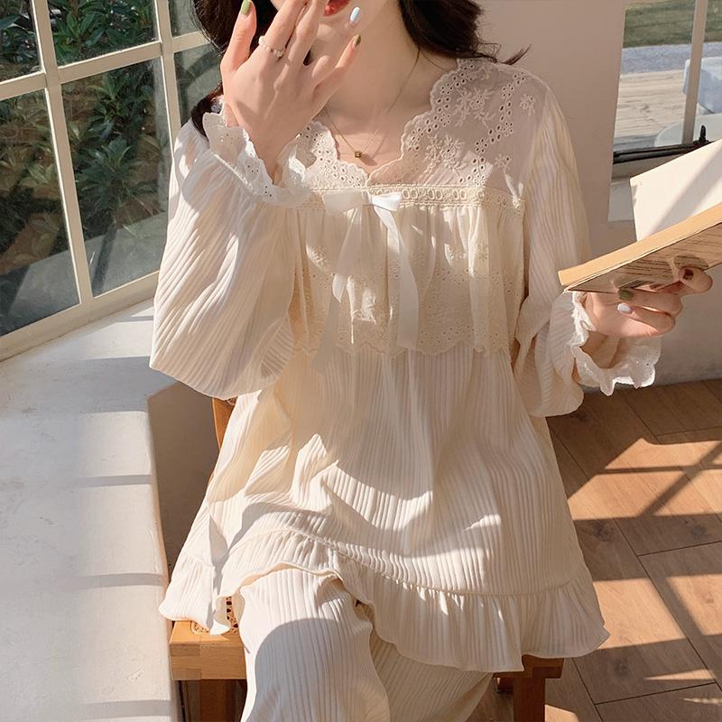 Korean Style Pure Cotton Pajamas Set Square Neck Long Sleeves Trousers Women Solid Color Kawaii Women's 2 Piece Pajamas Set Elegant