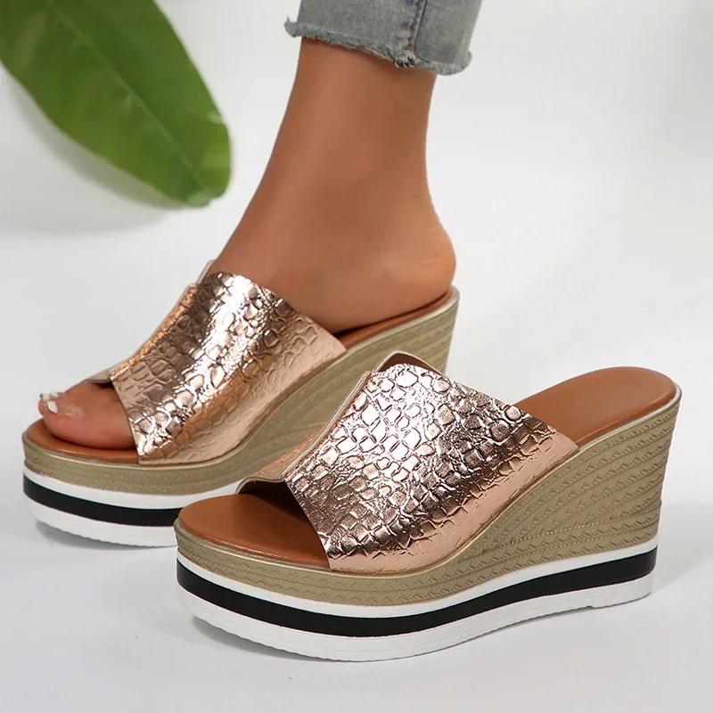 Fashion Women Shoes Silver Chunky Platform Sandals 2025 Summer Wedges Slippers Plus Size 36-43 Woman Outdoor High Heels Sandles Female