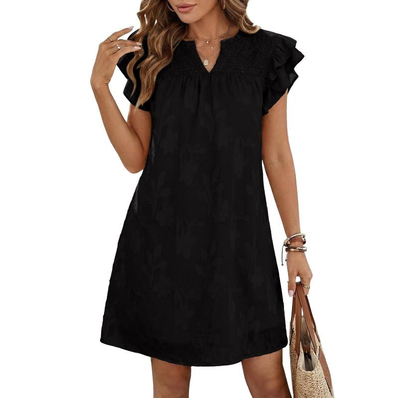 JPNTKY Women's Fashion Summer Spring Solid Color Print Short Sleeve V-Neck Casual Dresses