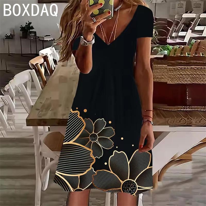 Boho  Flower Vintage Casual A-Line Dress Women Summer Short Sleeve V-Neck Hawaii Beach Party Dress