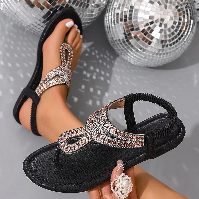 Blue Rhinestones Flat Sandals for Women Summer 2026 Bohemian Style Comfort Beach Shoes Woman Lightweight Clip Toe Roman Sandals