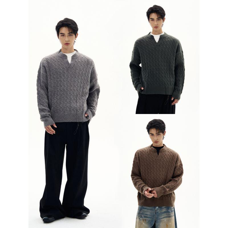 Kisko American Retro Twist Pattern Lazy V Neck Knitted Sweater for Men and Women, High-End Casual Work Clothing, Versatile Top