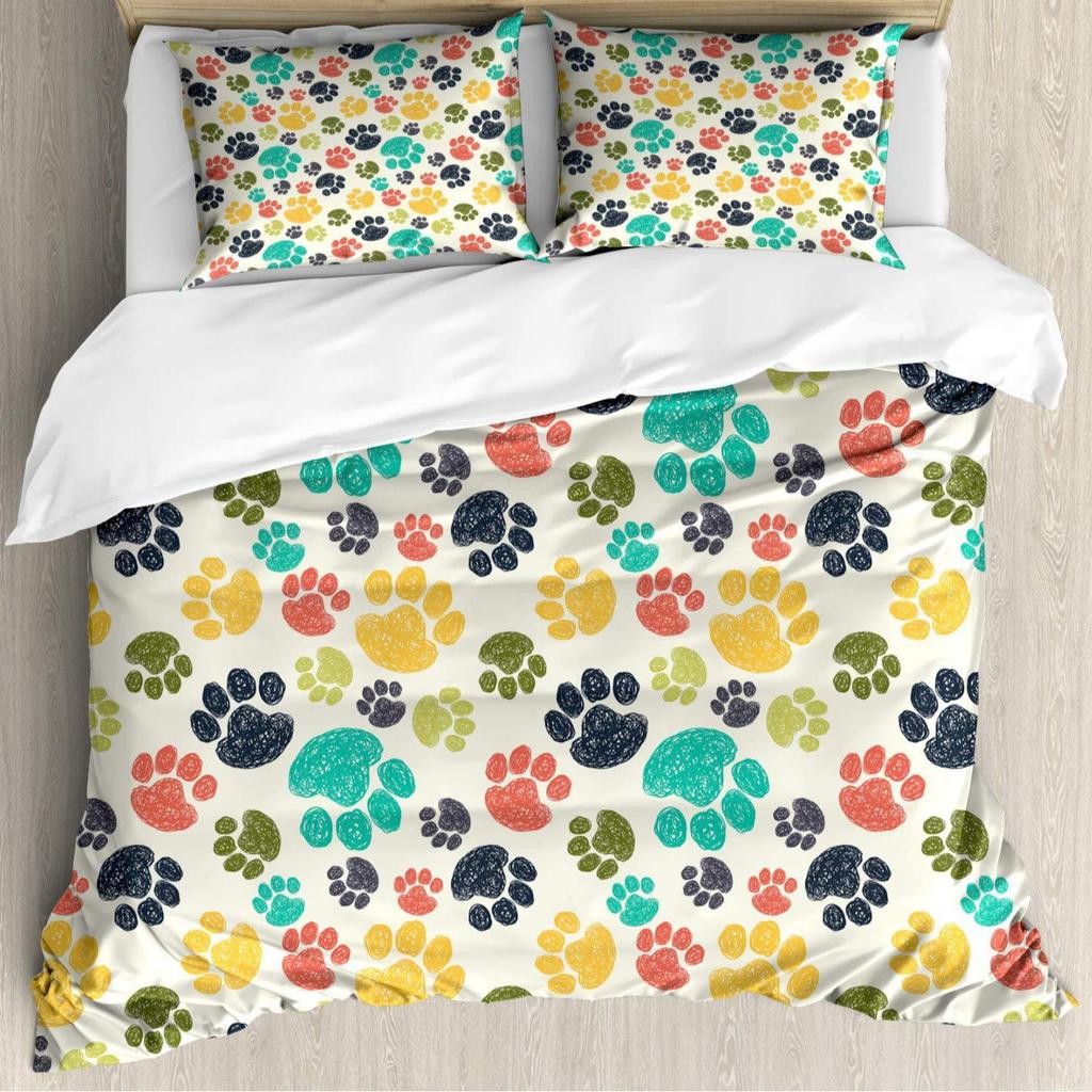 Dog Paw Print Duvet Cover Set Queen Size, Bone Pattern Bedding Set 3pcs For Kids Teens Room Decor, Pet Animals Comforter Covers