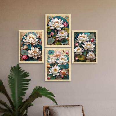 Paper Lotus Flowers Art Paintings With Frame for Home Decor, Wall Paintings for Living Room, Multicolor, Set of 4
