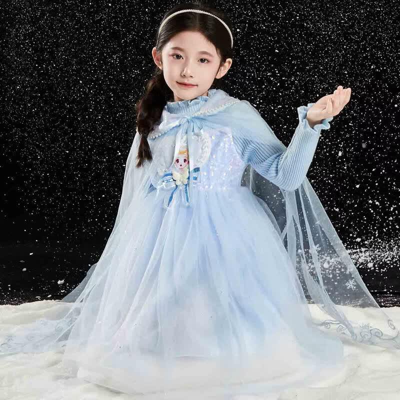 Girl's Princess Print Dress with Shawl