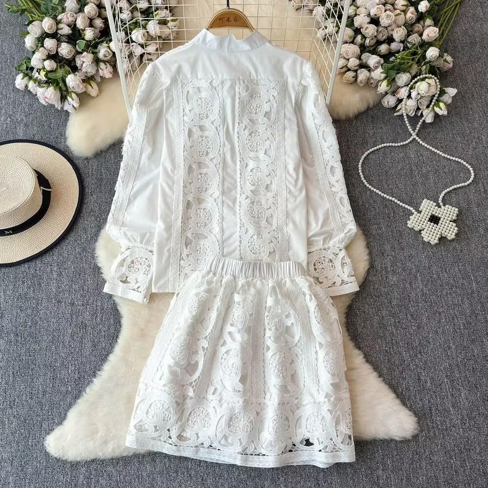 Spring Autumn Women Lace Patchwork Embroidery Designer Runway Outfits Fashion Single Breasted Shirt and Mini Short Skirt Two Piece Set