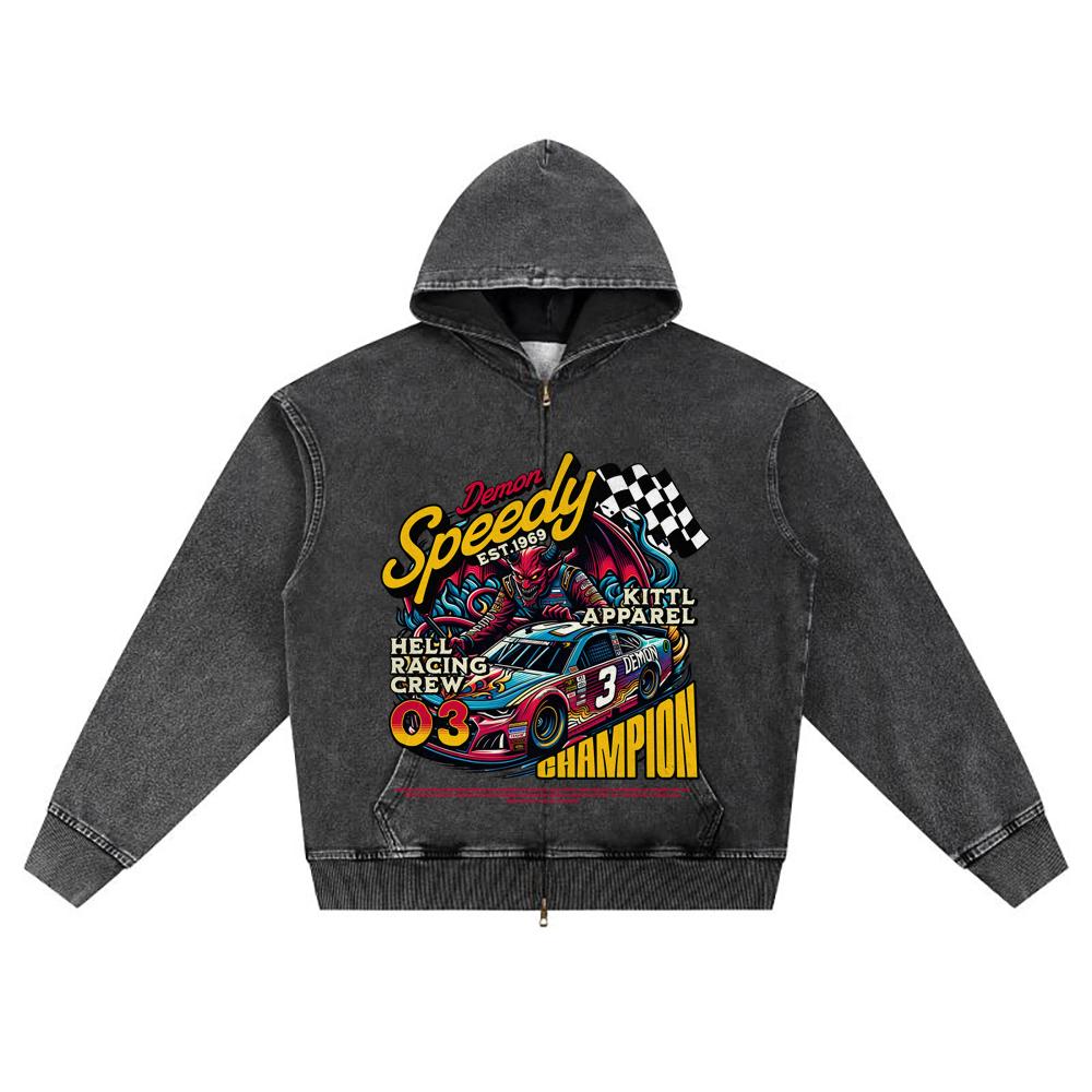 DTG print Knitted Denim Zip-Up Hoodie Demon Nascar Brother Print Zipper Hoodies  