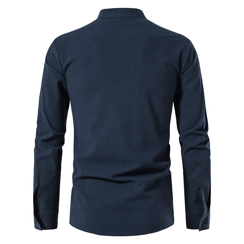 Chemise Henley en coton pour homme, à manches longues, décontractée, avec col montant et cordon de serrage.