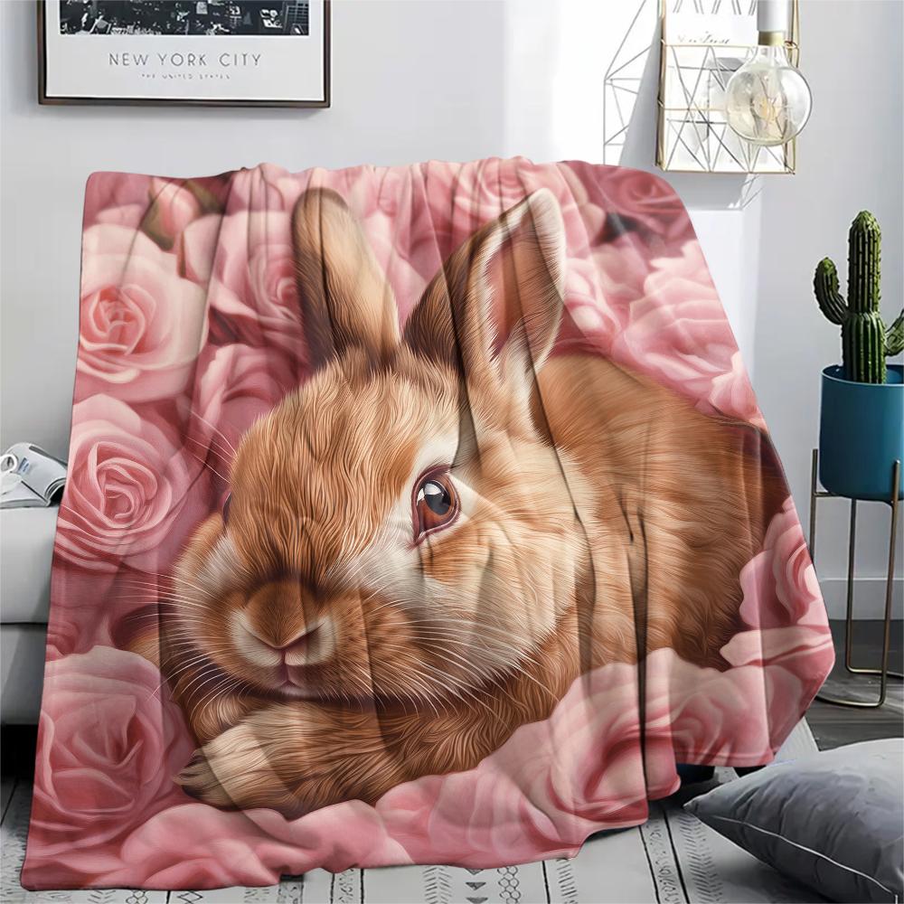 Rabbit and Flowers pattern Flannel Blanket, High quality Comfortable for All Seasons, Home Decor, Warmth and Comfort, Perfect for Gifts.