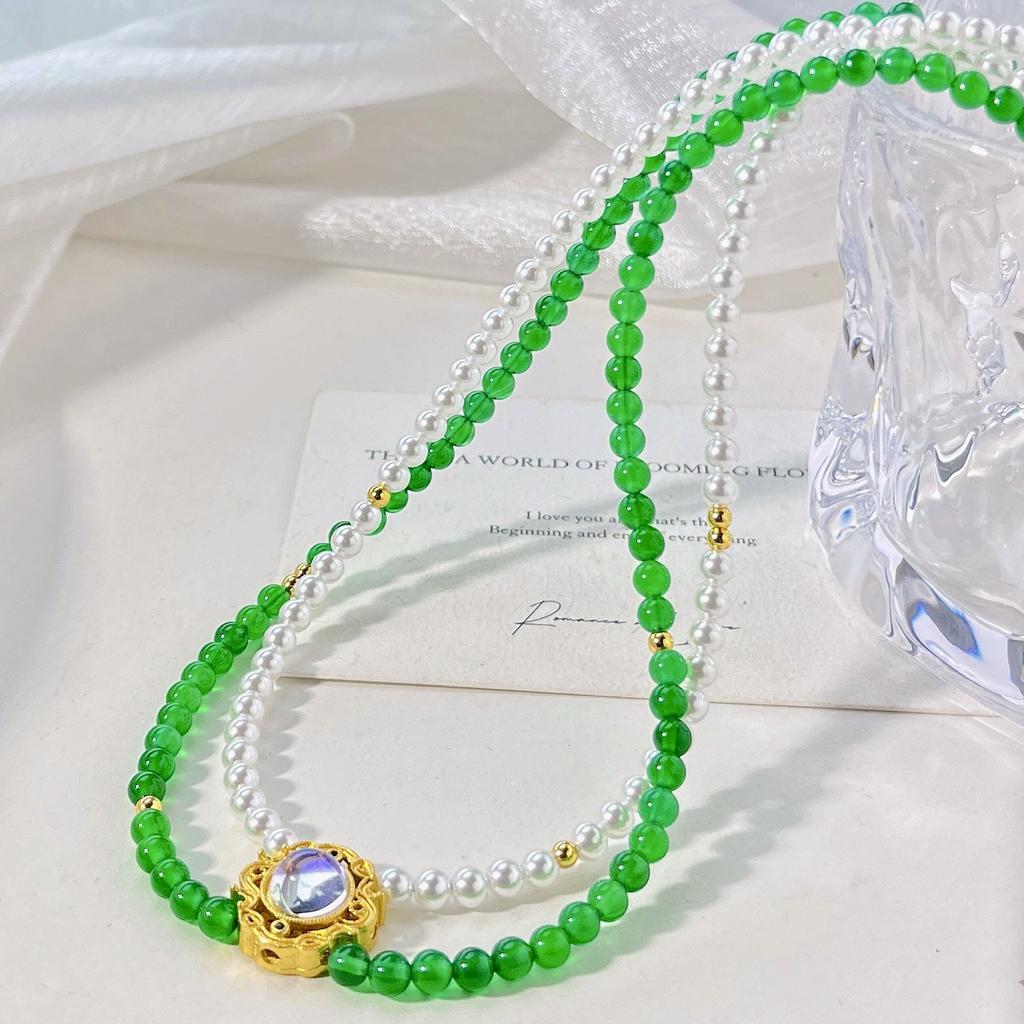 Collana Doppia Collana a Catena per Clavicola in Calcedonio Naturale di Alta Qualità, Agata, Cristallo Artificiale, Perla