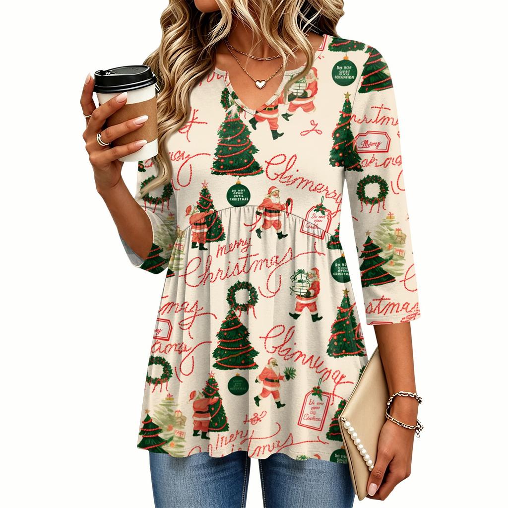 Women's Christmas Print V-Neck Three-Quarter Sleeve Casual Shirt for Holiday