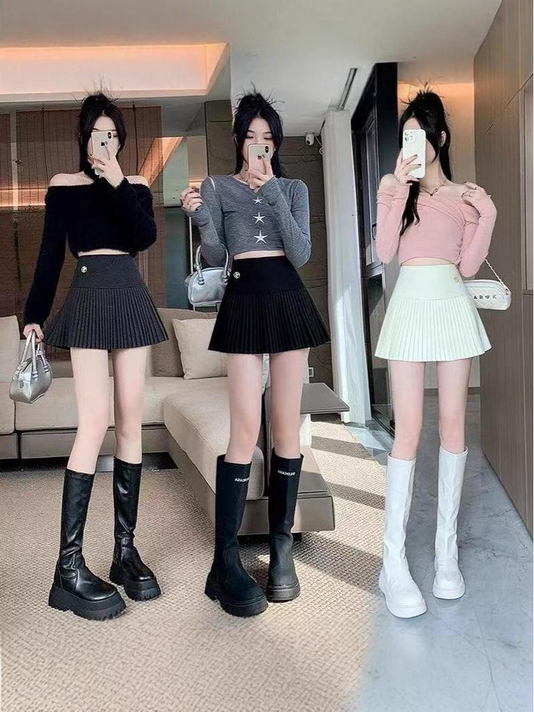 Elastischer Bund Wollplissee A-Linien Minirock - Preppy Stil für Herbst/Winter