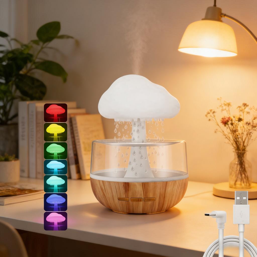 Rain Cloud Humidifier Rain Colorful Mushroom Cloud Raindrop Atmosphere Lamp Night Light Essential Oil Small Aromatherapy Machine
