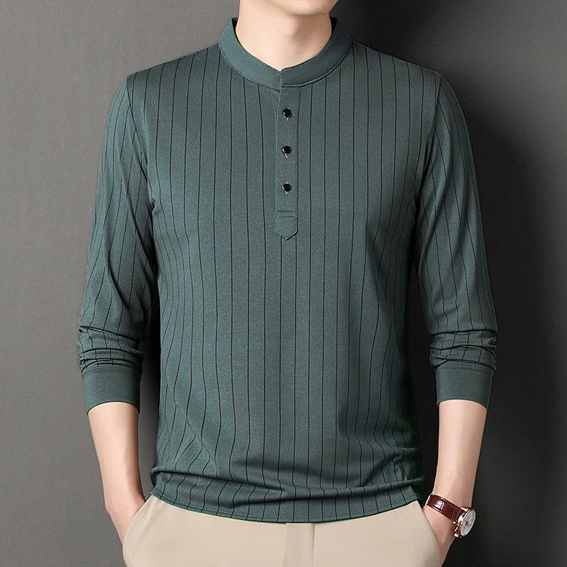 

New Spring and Autumn Men Long-sleeved Pullover Top Casual Versatile Fashion Stand-up Collar Striped T-shirt 4XL зелений