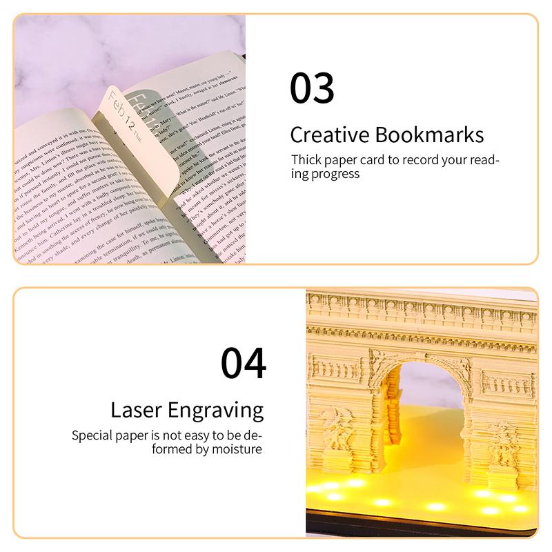Time Piece Calendar 2026 Desk Calendar With Led Light 3D Tear-Away Calendar Paper Carving Art Memo Pad Notepad Gift Christmas