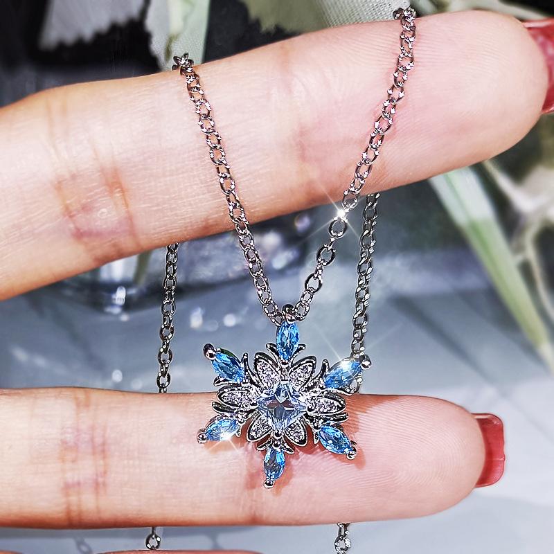 Silver Classic Snowflake Ring Shape Blue Zircon Wedding Jewelry Set Female Earring Necklace Ring Three-piece Set