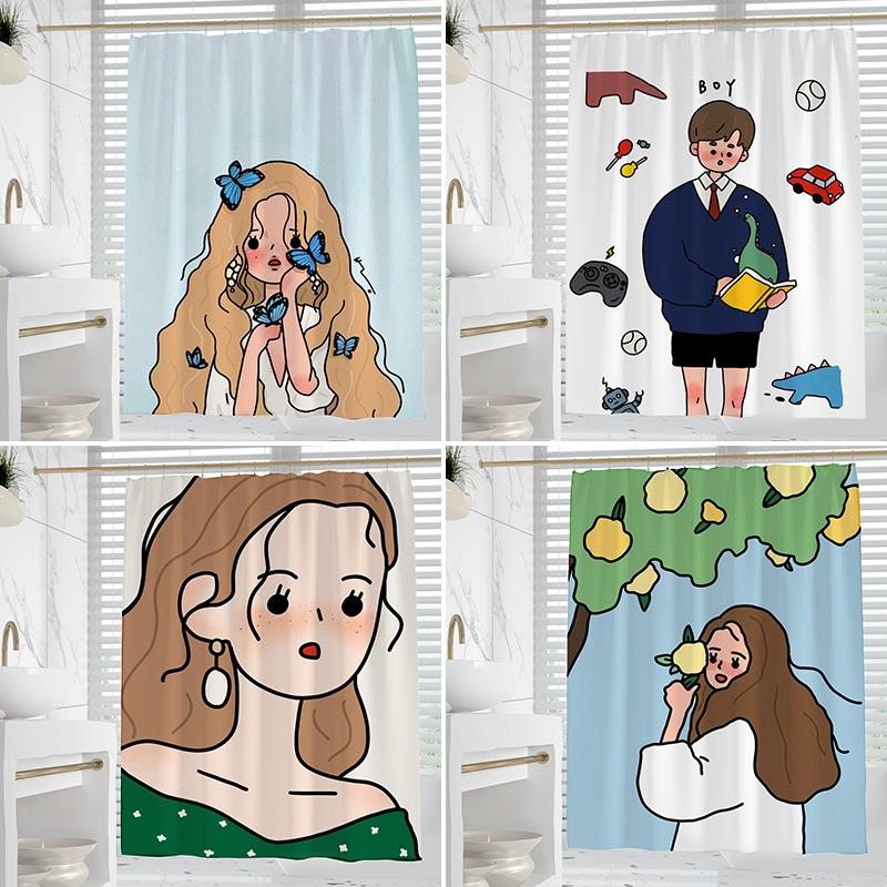 Cartoon Minimalist washable Dirt-Resistant Shower Curtain Shower Head waterproof Polyester Bath Curtain For Home Decor