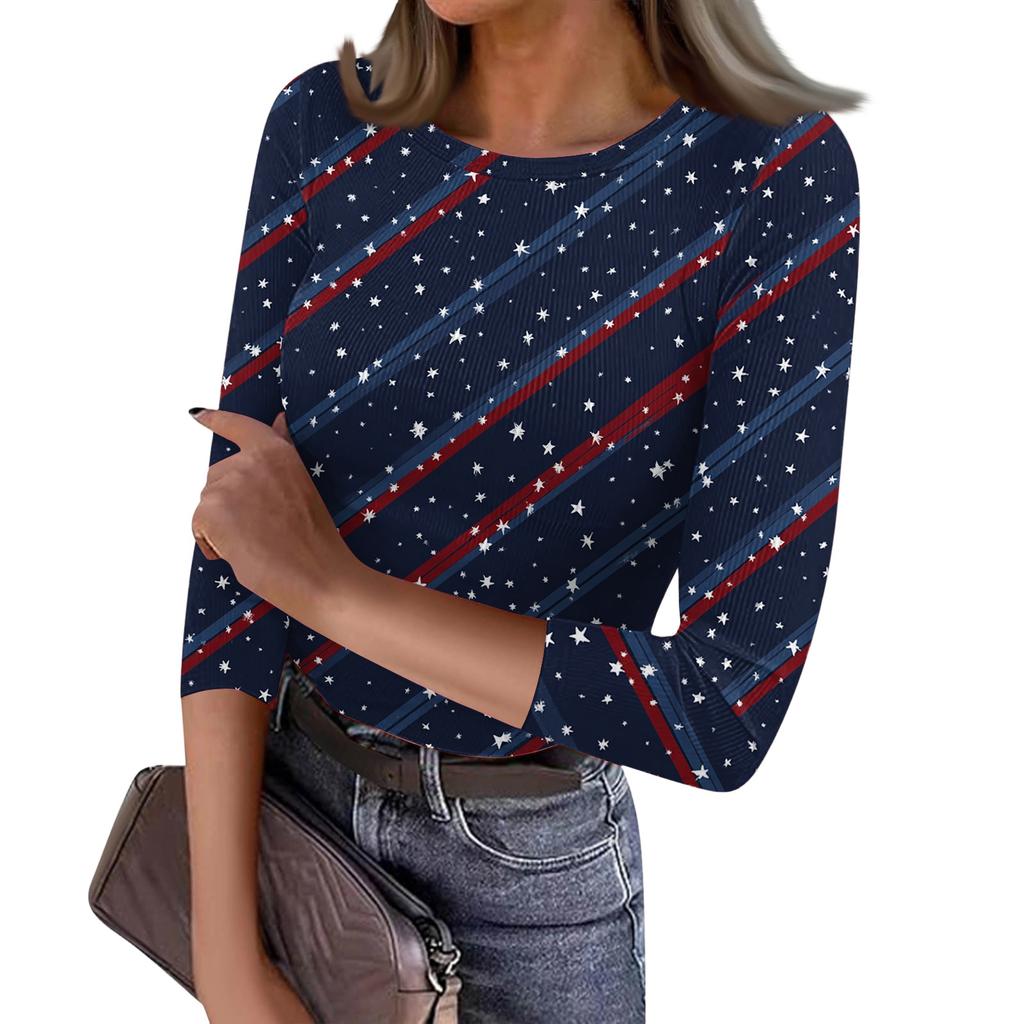 Women's Casual Fashion Round Neck Independence Day Print Three-Quarter Sleeve Ribbed Top