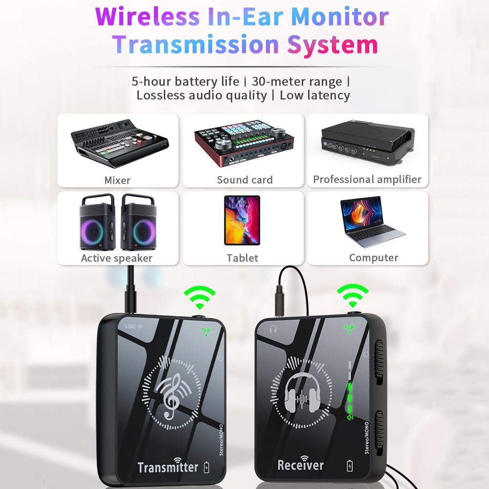 2.4G Wireless In-Ear Monitor System Low Latency Wireless IEM Transmitter Receiver 30m Transmission 5H Battery for Stage/Streaming