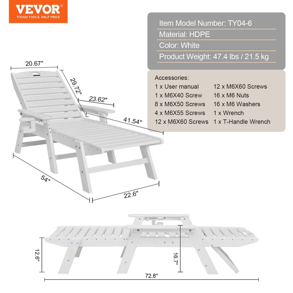 Chaise Lounge Chair, 181 kg Weight Capacity, 6 Positions Adjustable Patio Lounge Chair, Outdoor HDPE Lounge Chair with Backrest & Cup Holder, for Pool