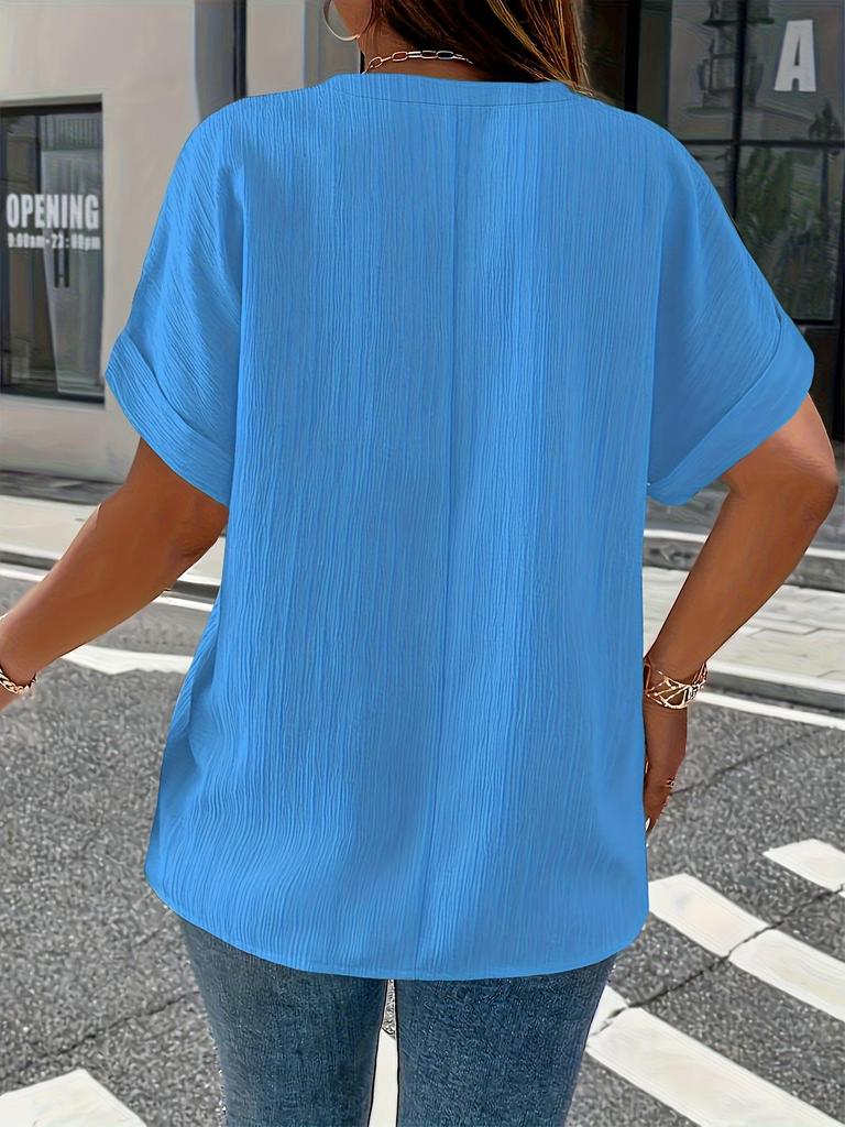 Plus Size Women's Solid V-Neck Buttoned Short Sleeve Top - Comfortable & Loose Fit, 2025 Collection.