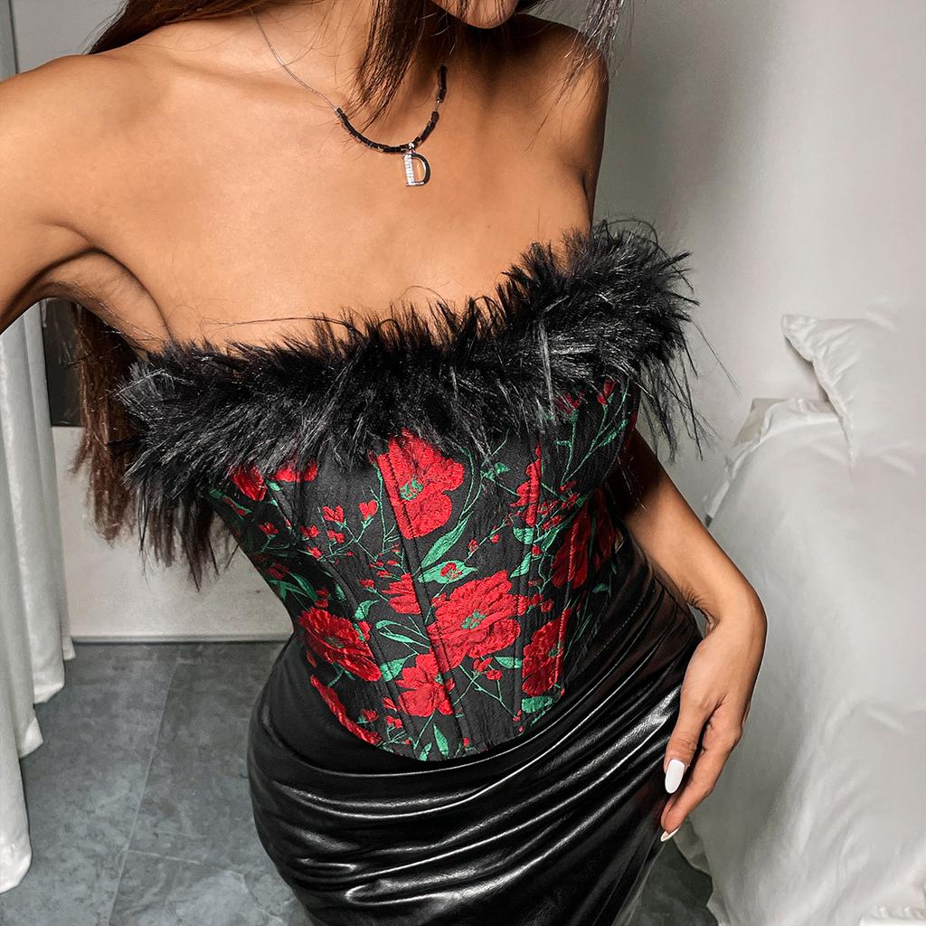 Women's Vintage Rose Patchwork Feather Fishbone Corset Heart Strap Top