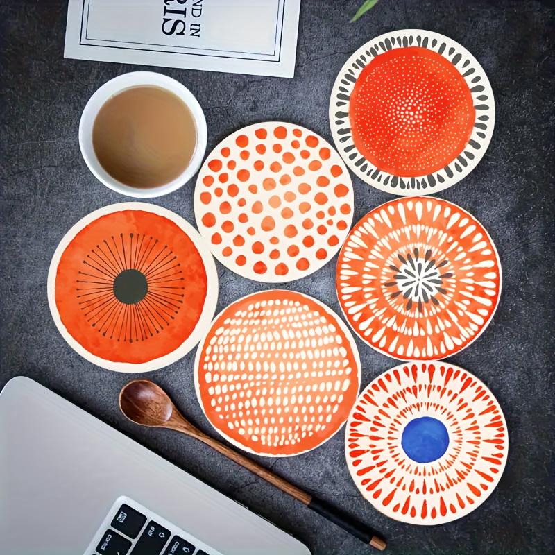 

6 шт. 4-дюймовые абстрактные круглые деревянные подставки, термостойкие, нескользящие, для украшения кафе, 2D, с плоским цветным принтом, набор оранжевых подставок 1set&Round