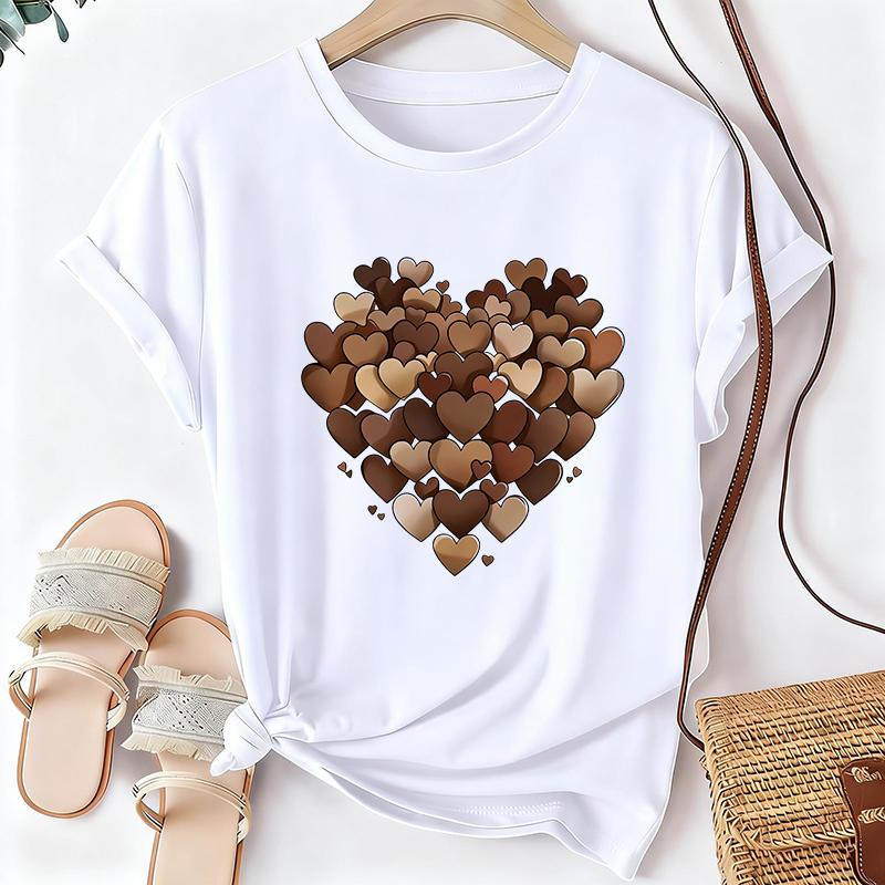 Women's Casual Sleeve Round Neck T-Shirt with A Heart Filled Print 90s Korean Style Graphic Tshirt Clothes