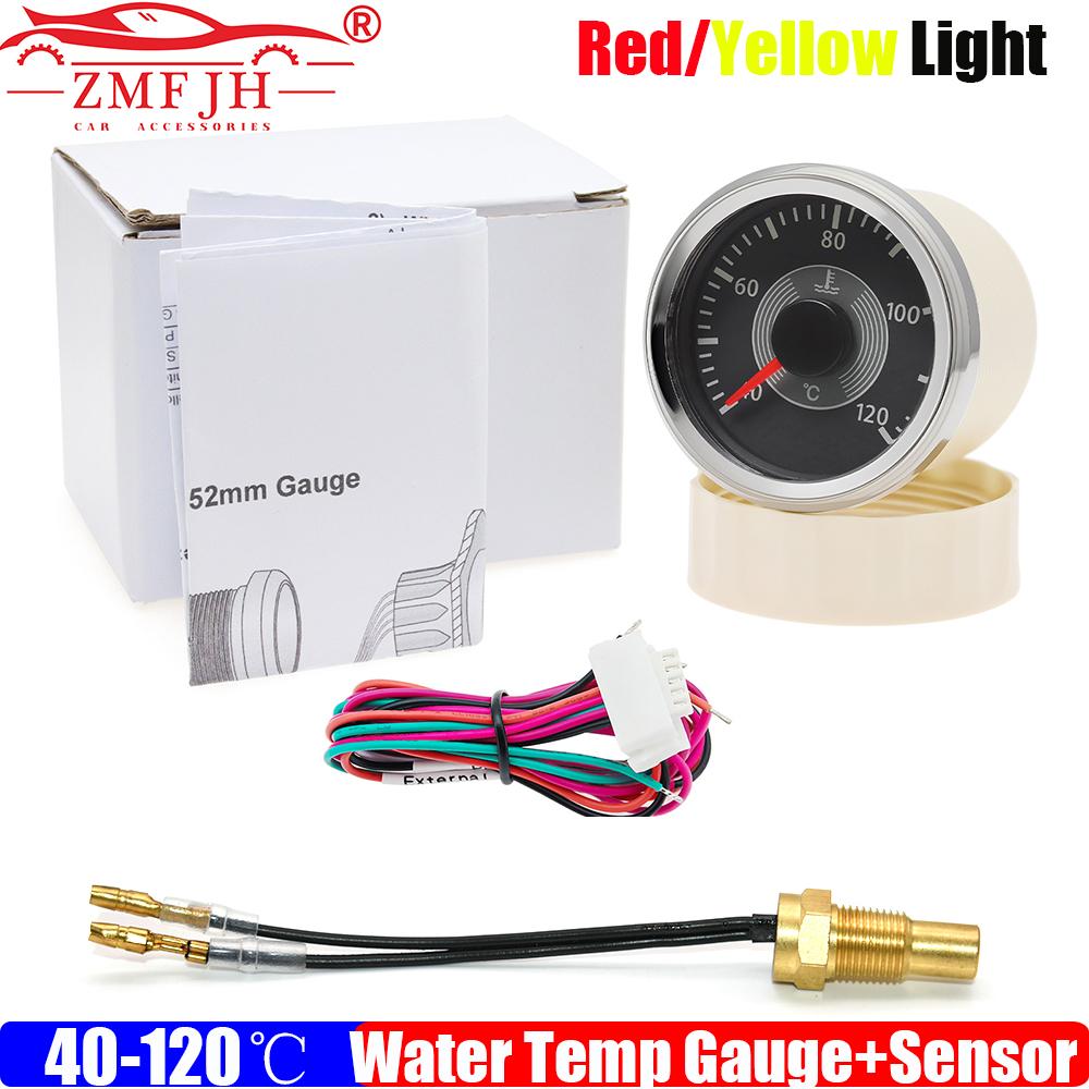 ZMFJH Pointer 52MM Water Temperature Gauge with Sensor 10mm RED Yellow LED 40-120℃ Water Temp Meter for Universal Boat Car Auto