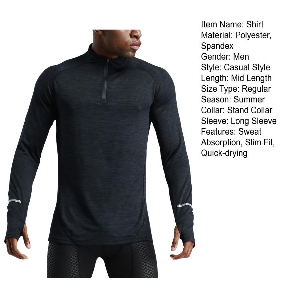 Men Sport Top Zipper Stand Collar Thin Sweat Absorption Quick-drying Long Sleeve Solid Color Basketball Training Fitness Workout