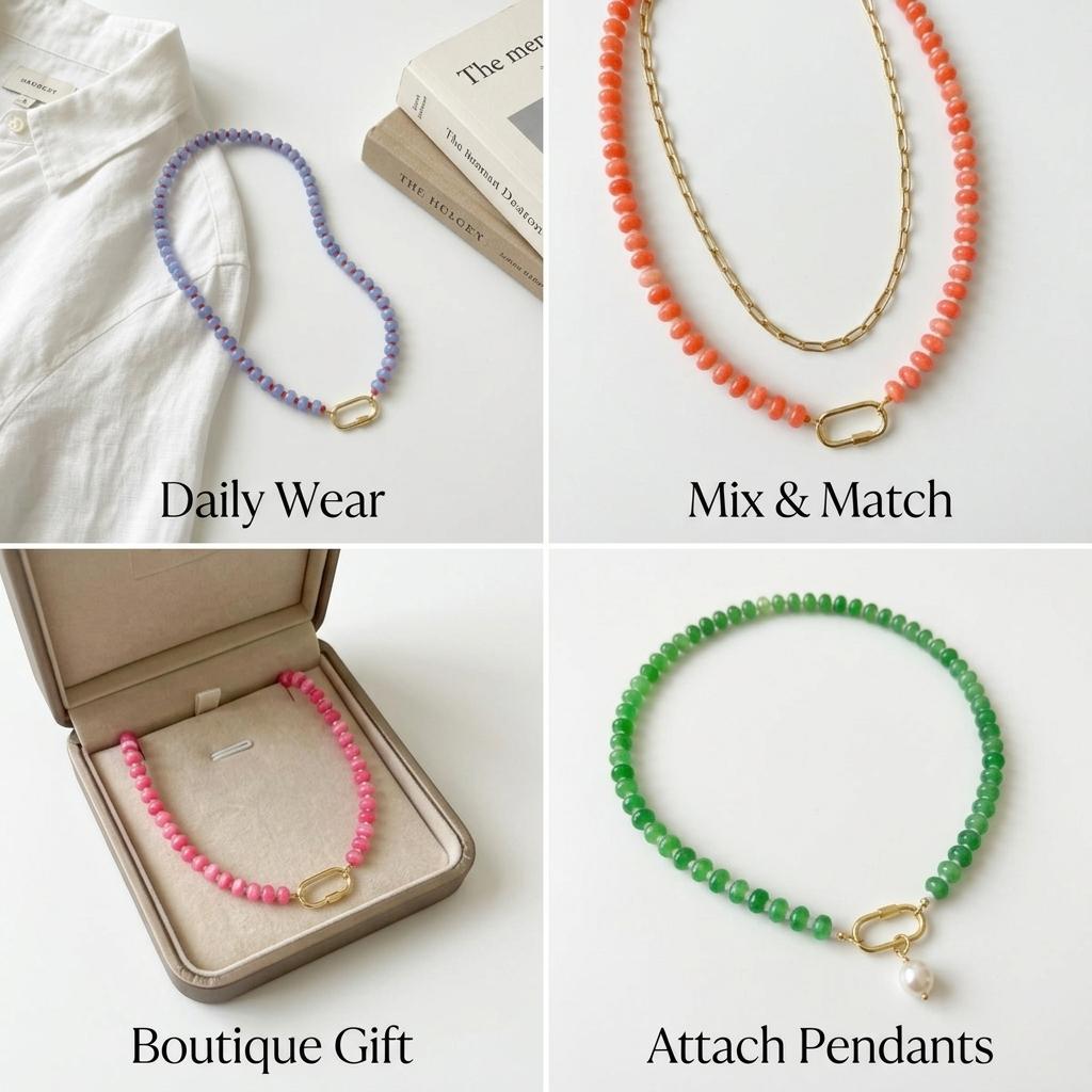 Boho Green Jade Natural Gemstone Bead Choker Necklace Gold Oval Carabiner Clasp Boutique Jewelry Gift for Women