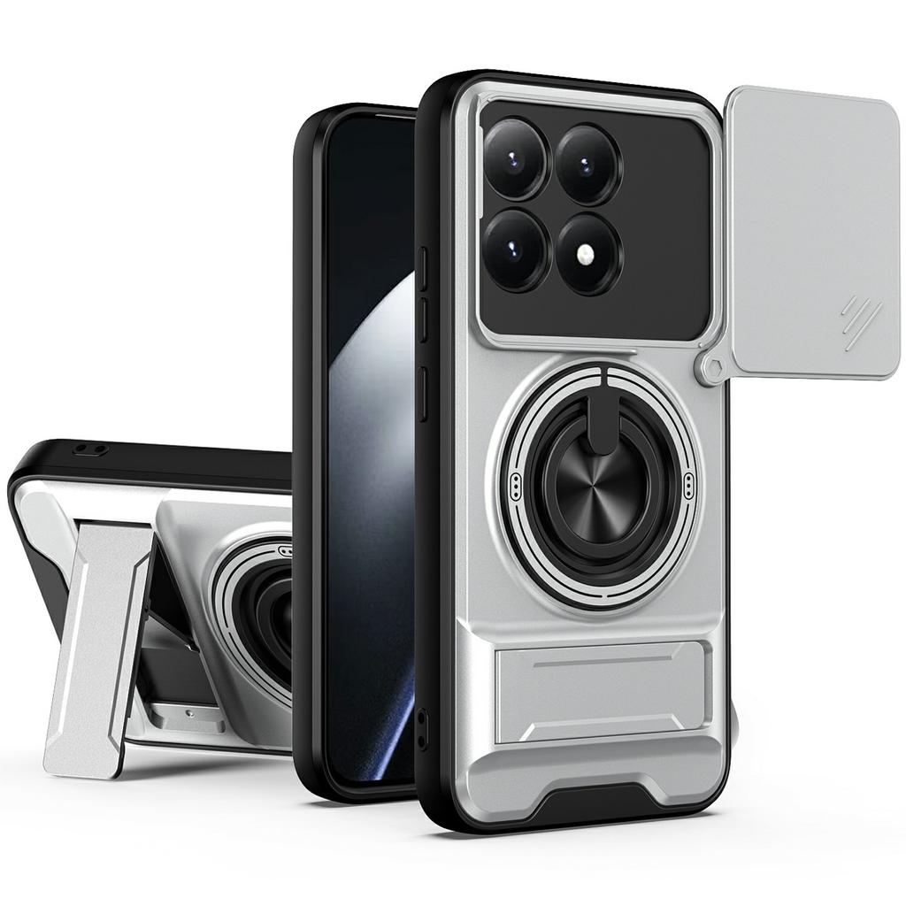For Xiaomi 15T Magnetic Case Ring Holder Foldable Kickstand TPU PC Phone Cover with Camera Lens Slider