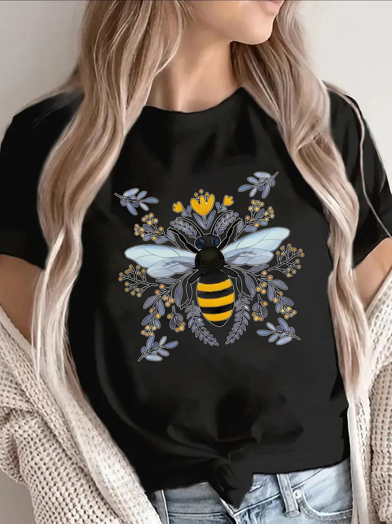 

Black Short Sleeve T-Shirt with Bee & Floral Print - Lightweight Durable Polyester Round Neck Top, All-Season Casual Wear for Home, S чёрный