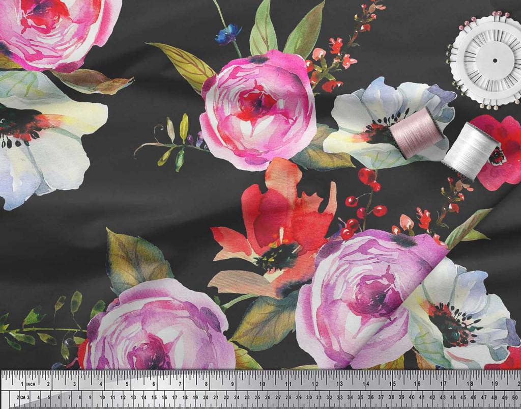 Soimoi Japan Crepe Satin Fabric Leaves,Poppy & Peony Flower Decor Fabric Printed Metre 42 Inch