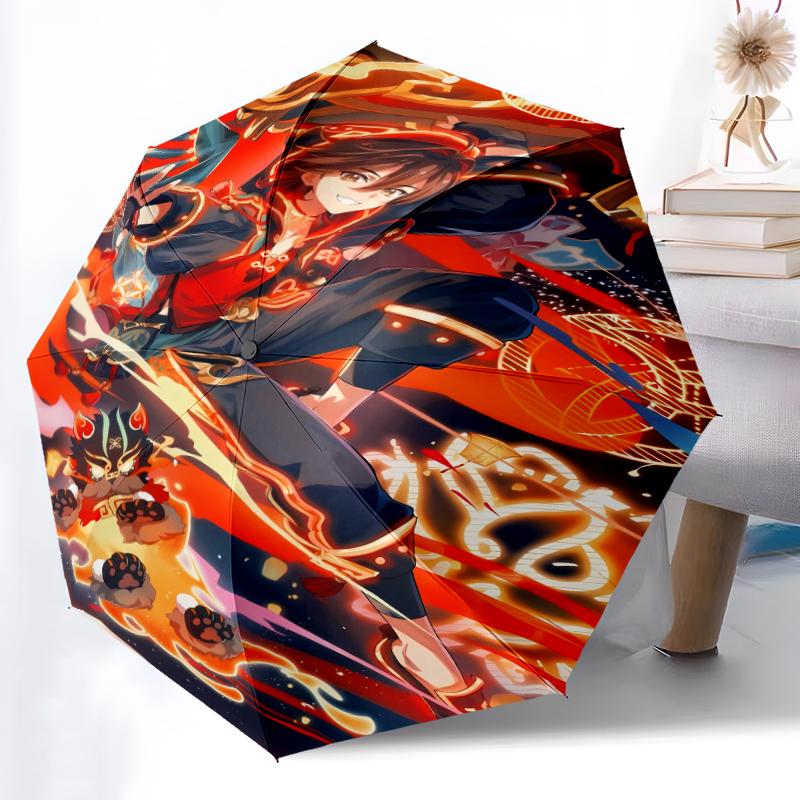 Genshin Impact characters2 Print Automatic Umbrella, 8 Rib Iron Frame, Plastic Handle, Suitable for Outdoor Travel &Daily , Ideal Gift