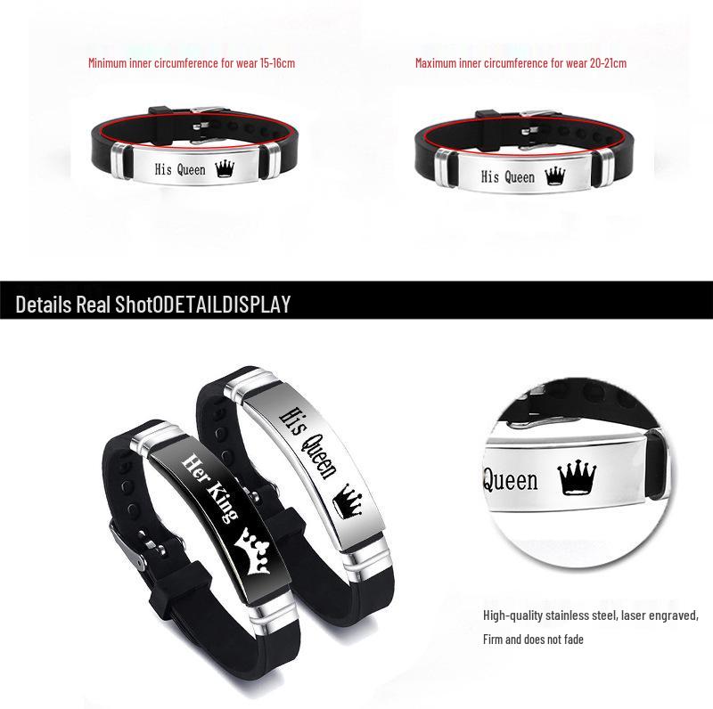 King & Queen Romantic Crown Couples Bracelet - Stainless Steel & Silicone