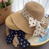 Big edge straw hat polka dot long bow hat women's summer sun hat seaside travel sun hat big eaves bucket hat
