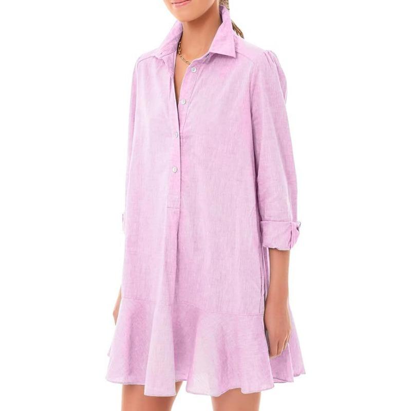 Frühling Sommer Damen Langarm Saum Rüschen Kleider