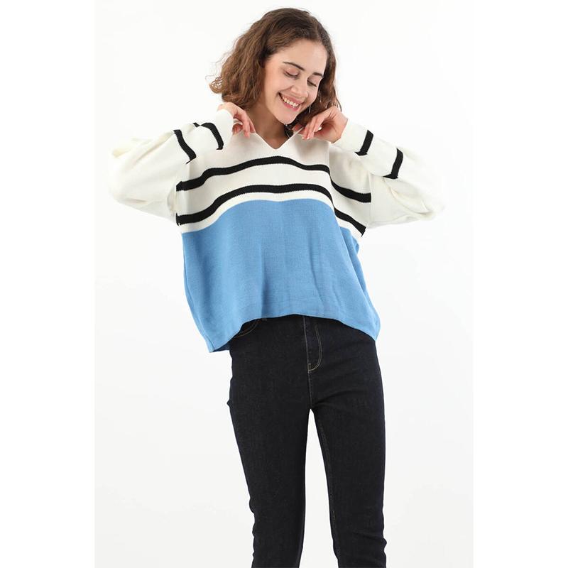 

Женский свитер с воротником поло в полоску трикотаж синий