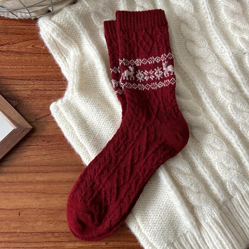 New Year's Wool Pile Socks for Autumn and Winter, Bright Red Warm Cartoon Embroidery Mid-calf Solid Color Striped Twisted Socks for Women