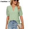 Europe and The United States 2024 Summer Casual V-neck Solid Color Hollow Bubble Sleeve Loose T-shirt Blouse Female