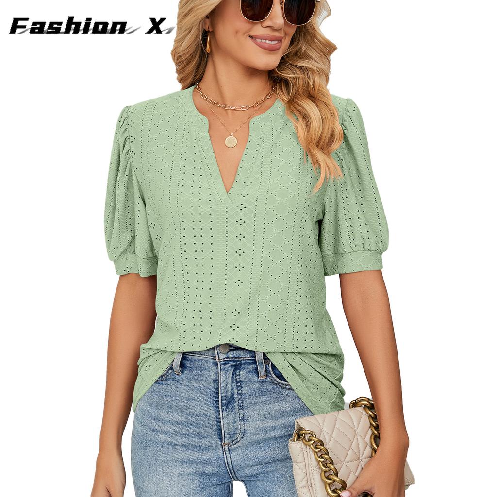 Europe and The United States 2024 Summer Casual V-neck Solid Color Hollow Bubble Sleeve Loose T-shirt Blouse Female
