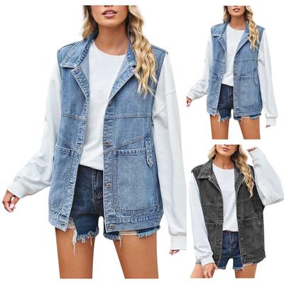 Lässige, lockere Vintage-Jeansweste für Damen mit Kapuze