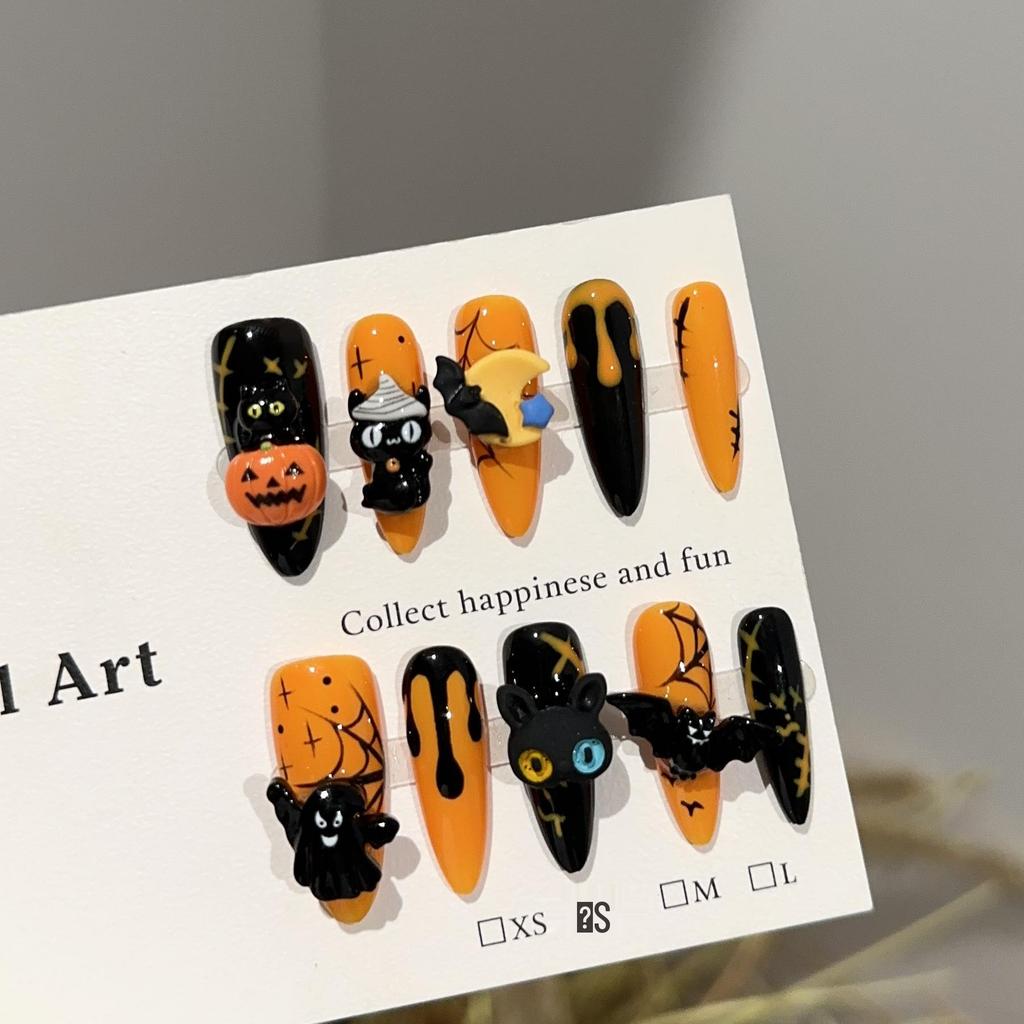 Handcrafted Halloween Pumpkin Bat False Nail Set - High-End, Autumn/Winter Orange-Yellow Design