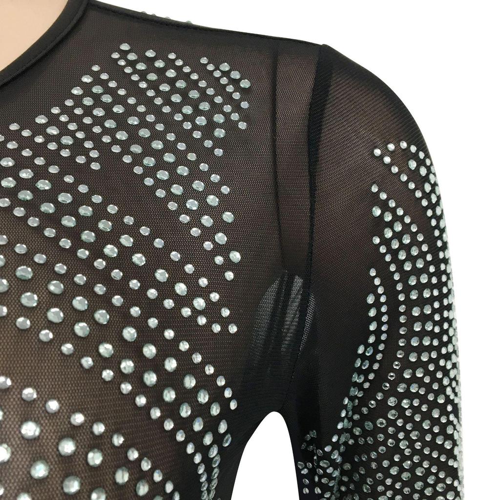 Rhinestone Mesh See-through Long Sleeve Nightclub Dress