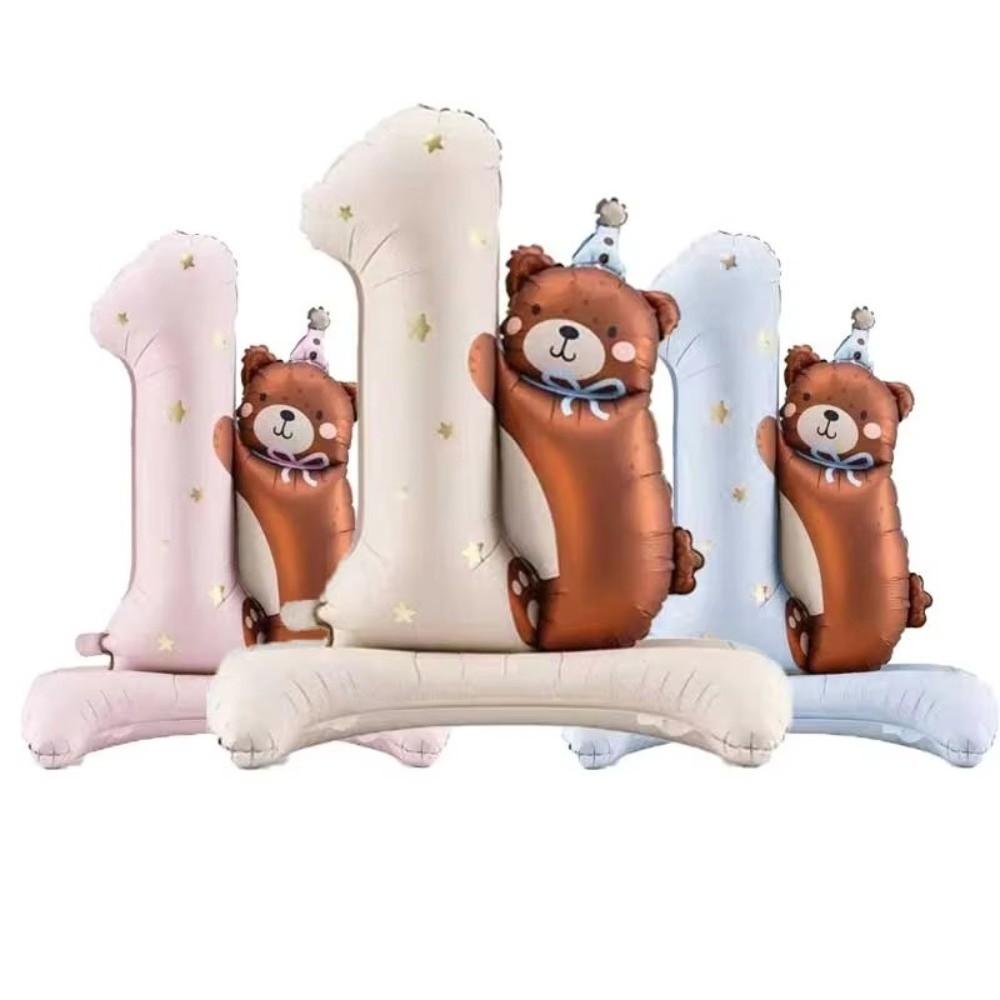 4pcs Party Decor Brown Standing Balloon Blue Pink One Year Old Balloon Digital Lovely Design Bear Balloon Birthday Party