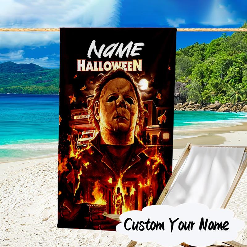 Custom Name Halloween Horror Movie Microfiber Beach Towel Super Soft & Absorbent for Bath, Beach, Travel Bath Time Accessory, Fan gifts