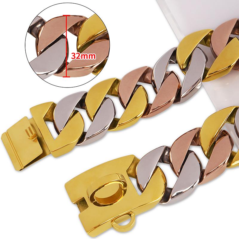 Pet Chains Collars Stainless Steel 32mm Wide Gold Dog Chain Collar for Large Dogs Heavy Strong Chew Proof